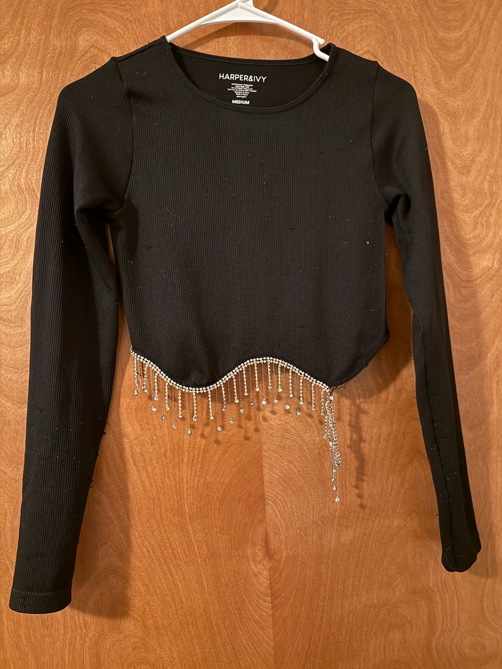 Harper Black Ribbed Long-Sleeve Crop Top with Crystal Fringe Trim